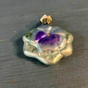Elegant Floral Pansy Hand Blown Glass Ornament with Purple and Gold Accents